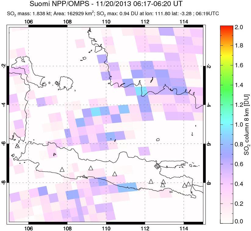 A sulfur dioxide image over Java, Indonesia on Nov 20, 2013.