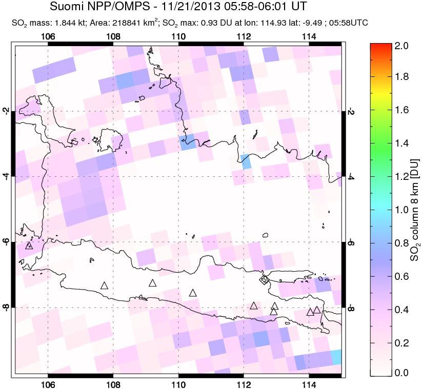A sulfur dioxide image over Java, Indonesia on Nov 21, 2013.
