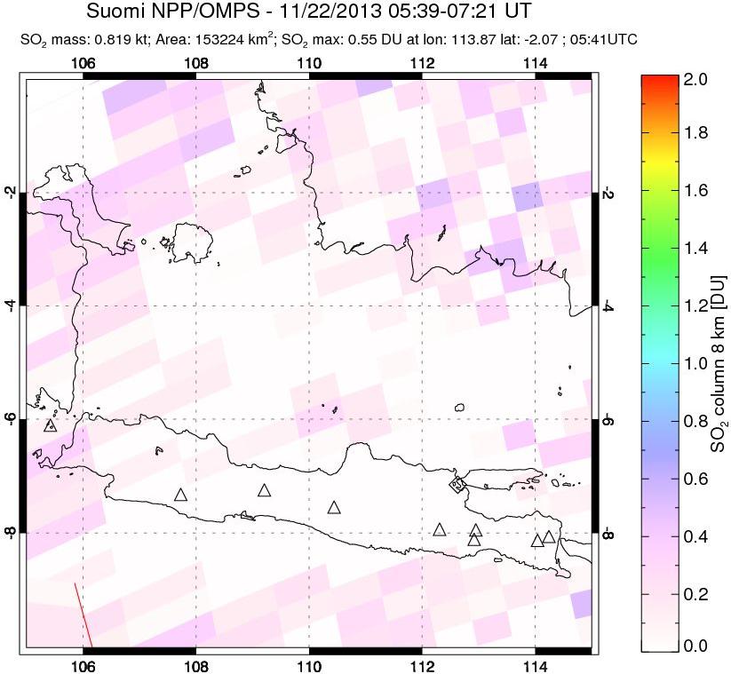 A sulfur dioxide image over Java, Indonesia on Nov 22, 2013.