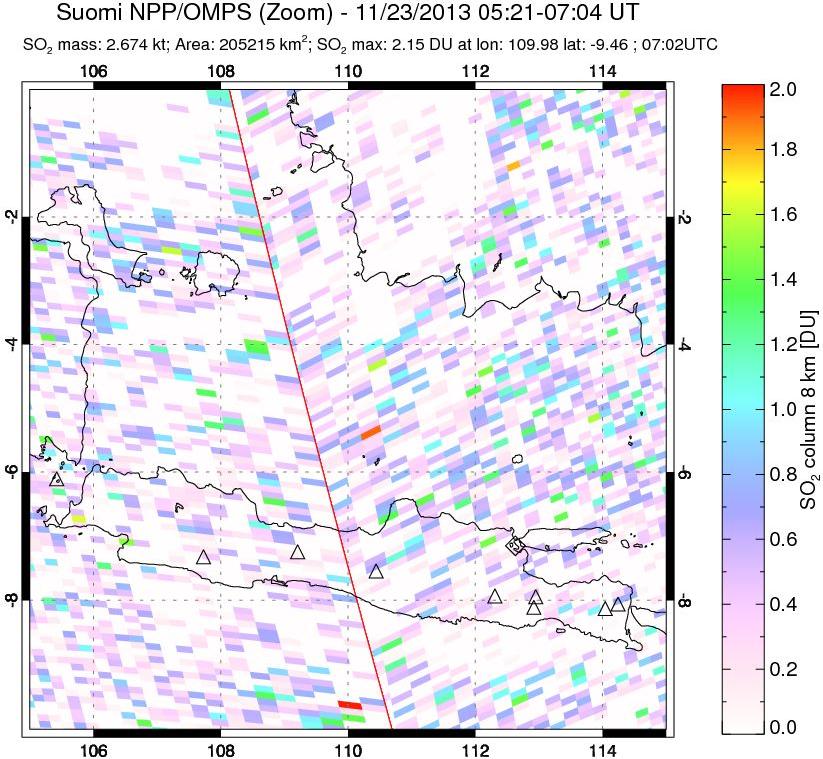A sulfur dioxide image over Java, Indonesia on Nov 23, 2013.