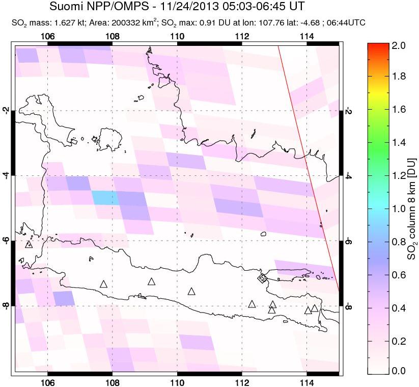 A sulfur dioxide image over Java, Indonesia on Nov 24, 2013.