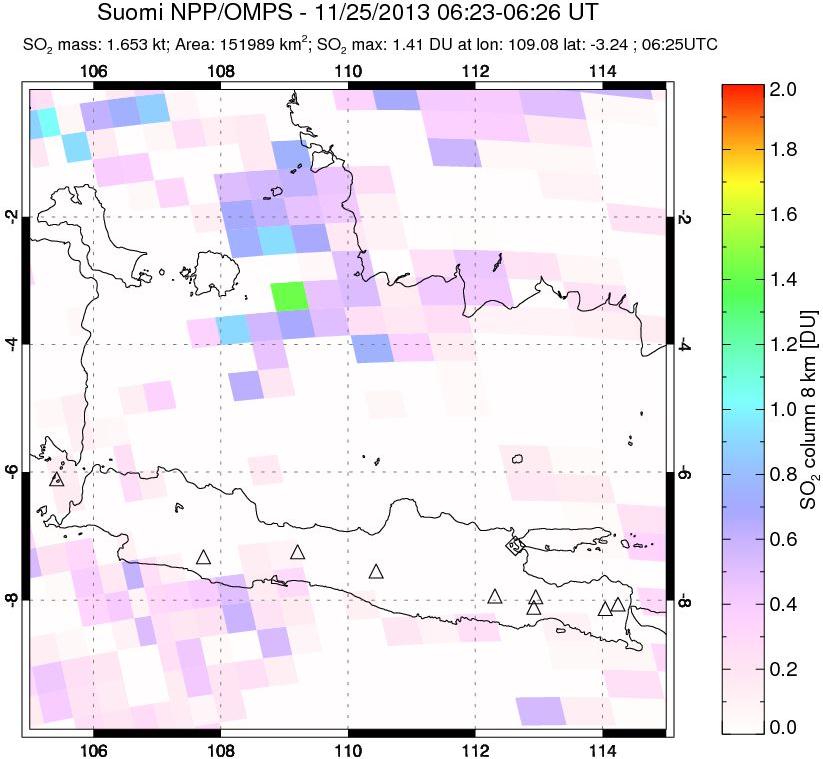A sulfur dioxide image over Java, Indonesia on Nov 25, 2013.