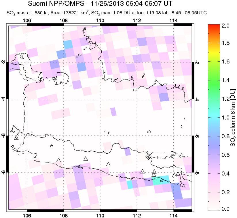 A sulfur dioxide image over Java, Indonesia on Nov 26, 2013.