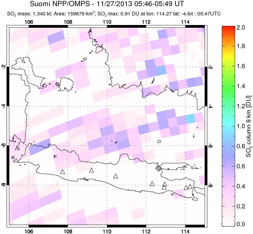A sulfur dioxide image over Java, Indonesia on Nov 27, 2013.