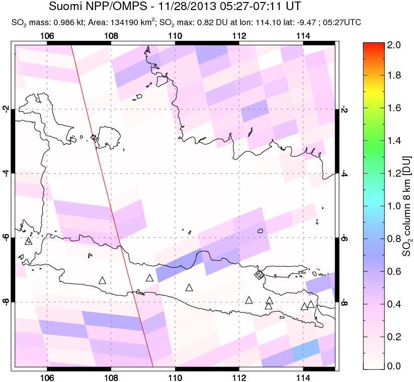 A sulfur dioxide image over Java, Indonesia on Nov 28, 2013.