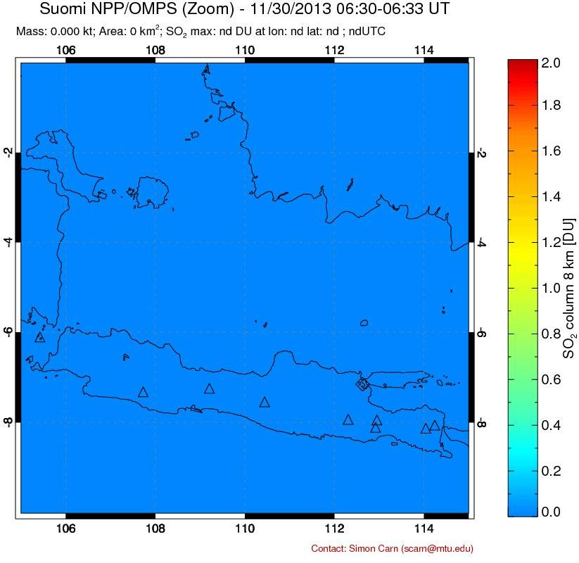 A sulfur dioxide image over Java, Indonesia on Nov 30, 2013.