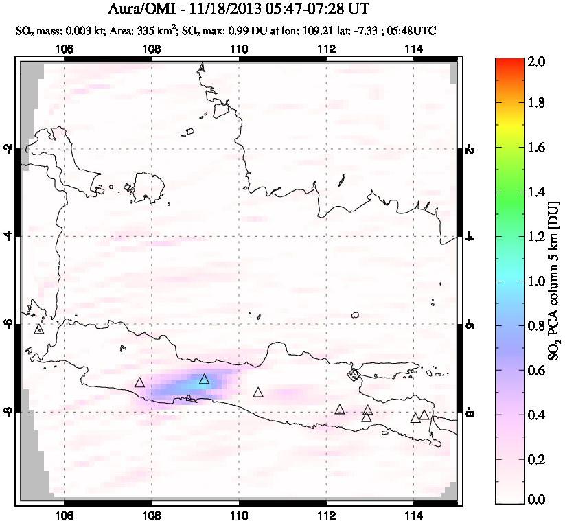 A sulfur dioxide image over Java, Indonesia on Nov 18, 2013.