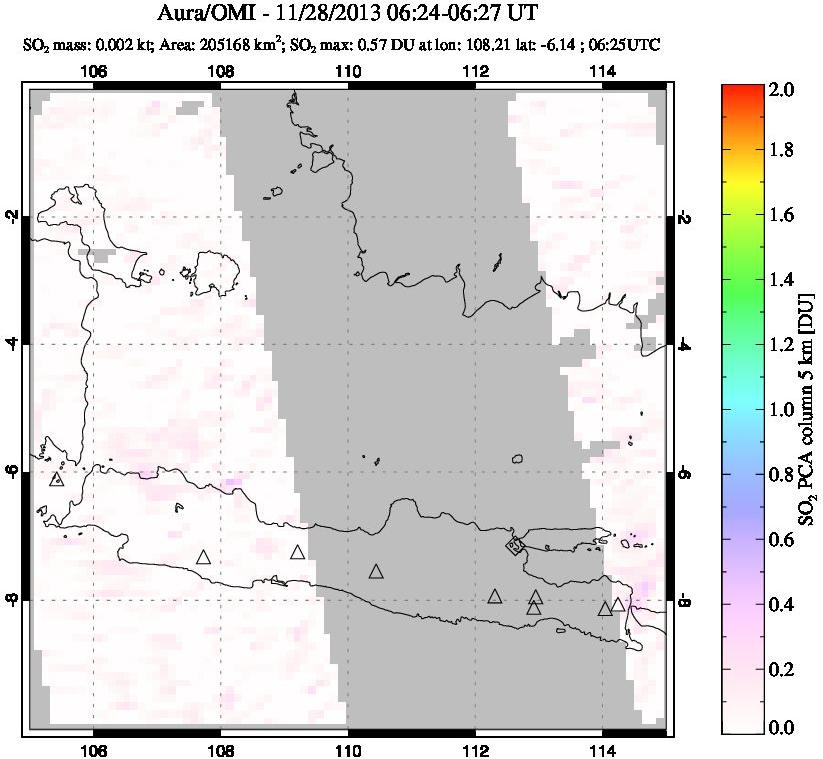 A sulfur dioxide image over Java, Indonesia on Nov 28, 2013.