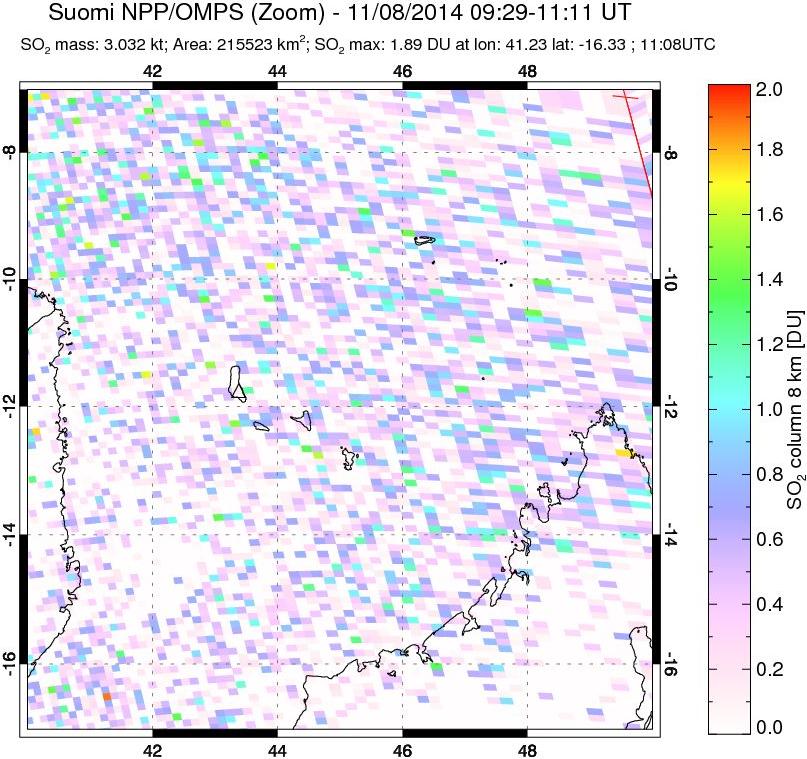 A sulfur dioxide image over Comoro Islands on Nov 08, 2014.