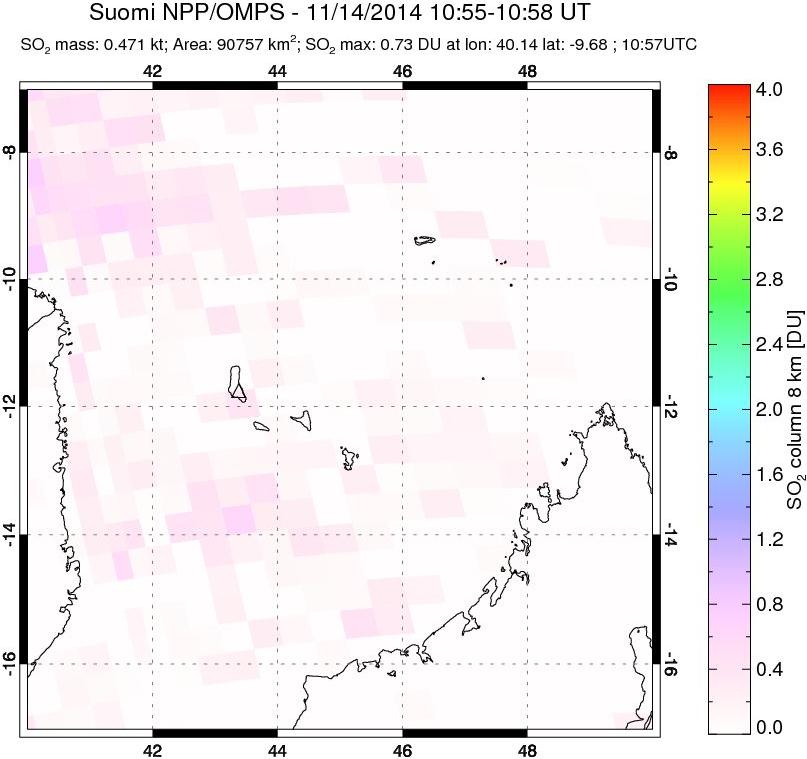 A sulfur dioxide image over Comoro Islands on Nov 14, 2014.