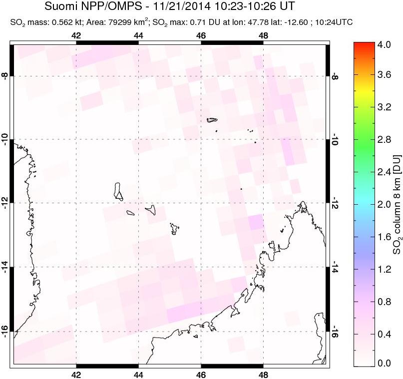 A sulfur dioxide image over Comoro Islands on Nov 21, 2014.