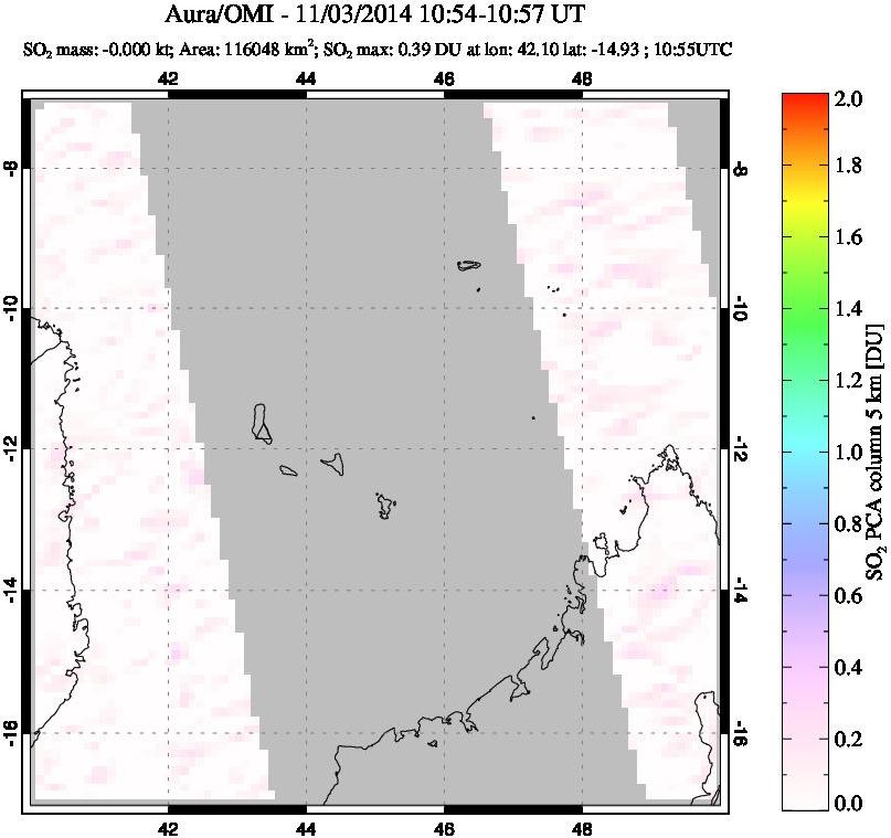 A sulfur dioxide image over Comoro Islands on Nov 03, 2014.