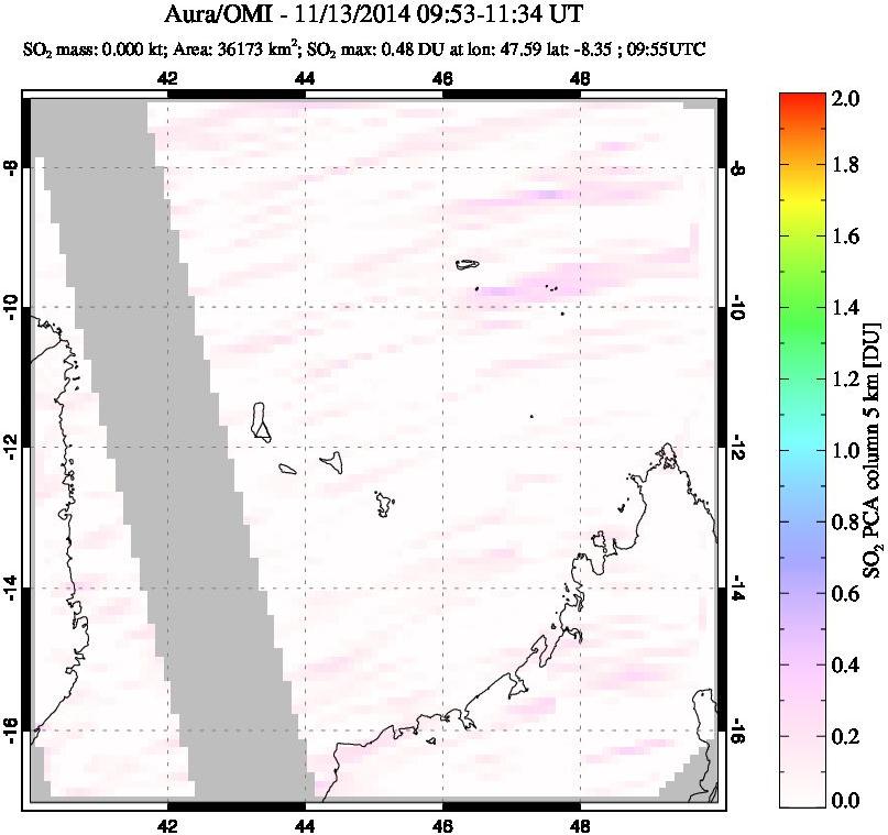 A sulfur dioxide image over Comoro Islands on Nov 13, 2014.