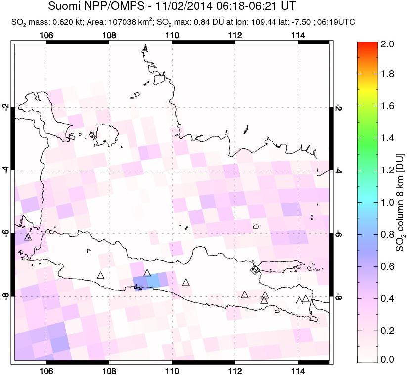 A sulfur dioxide image over Java, Indonesia on Nov 02, 2014.