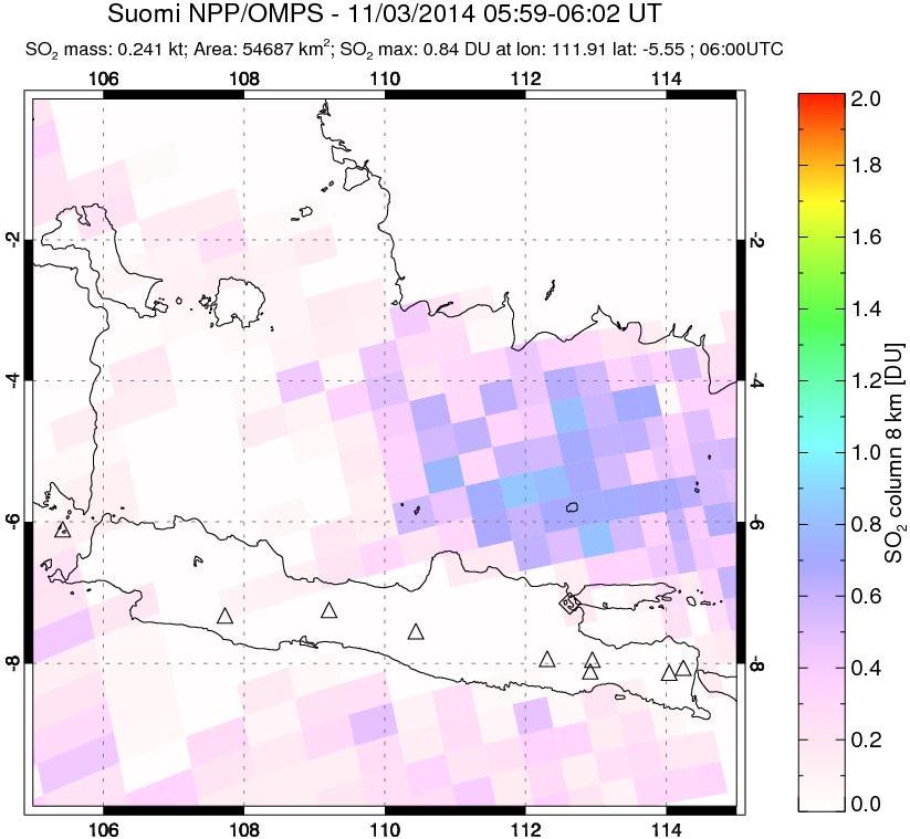 A sulfur dioxide image over Java, Indonesia on Nov 03, 2014.