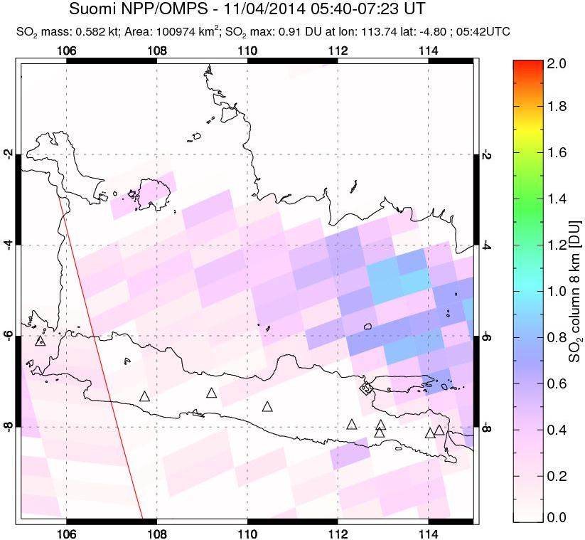 A sulfur dioxide image over Java, Indonesia on Nov 04, 2014.