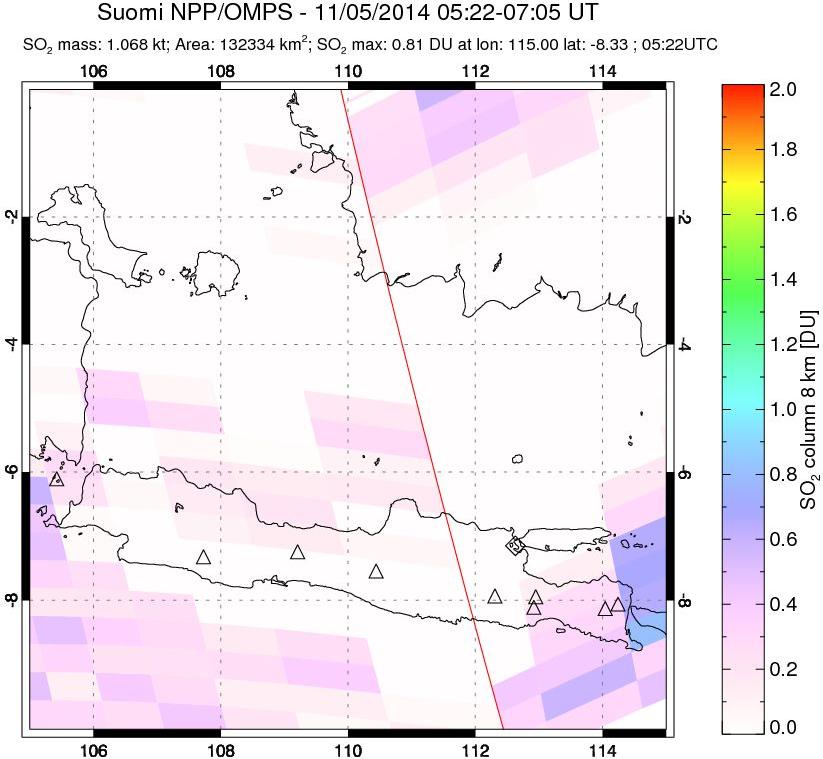 A sulfur dioxide image over Java, Indonesia on Nov 05, 2014.