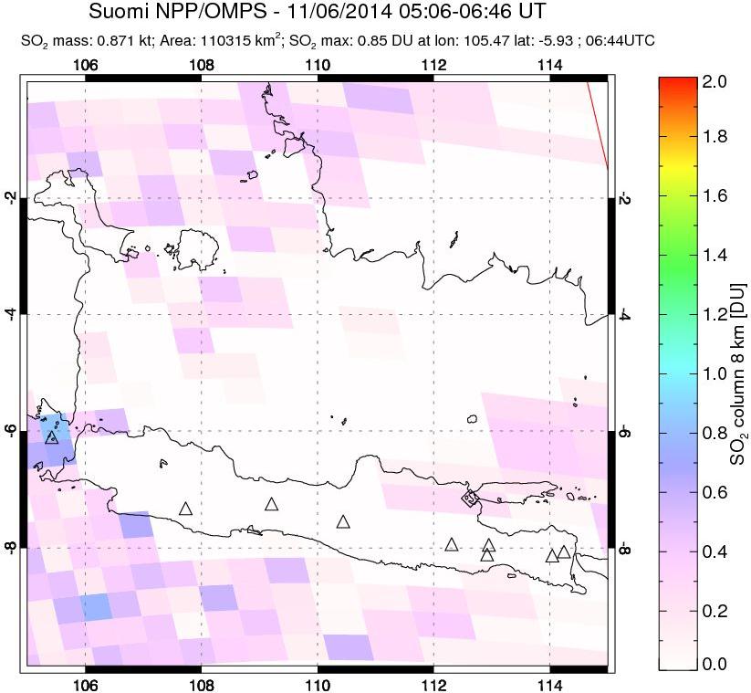 A sulfur dioxide image over Java, Indonesia on Nov 06, 2014.