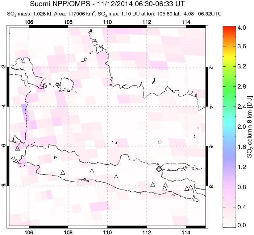 A sulfur dioxide image over Java, Indonesia on Nov 12, 2014.
