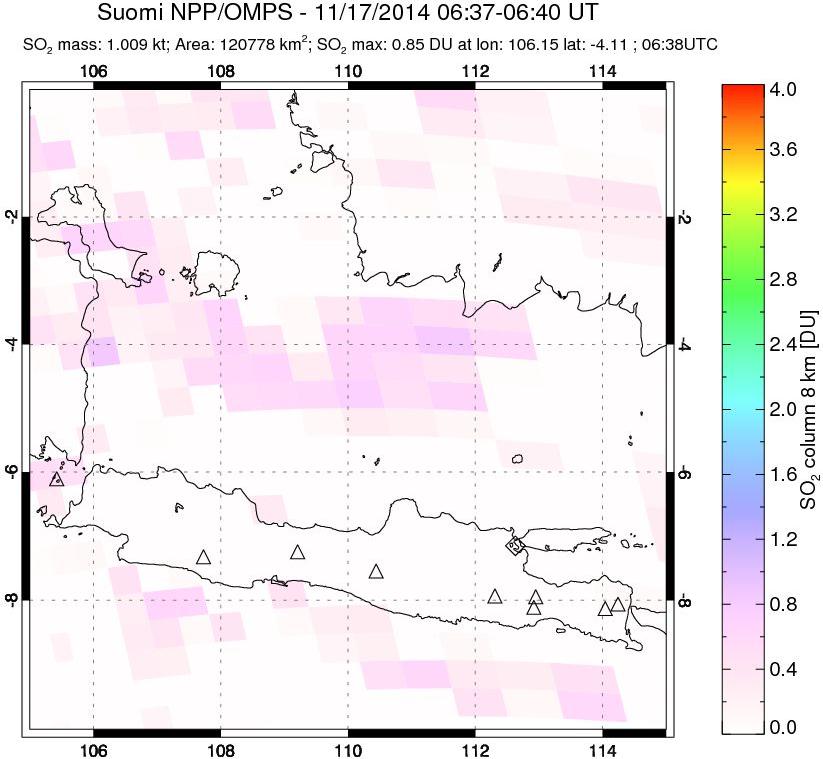 A sulfur dioxide image over Java, Indonesia on Nov 17, 2014.