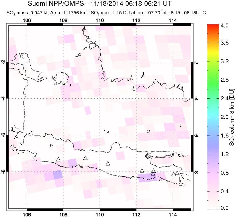 A sulfur dioxide image over Java, Indonesia on Nov 18, 2014.