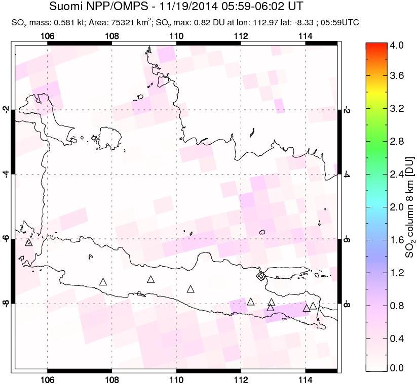 A sulfur dioxide image over Java, Indonesia on Nov 19, 2014.