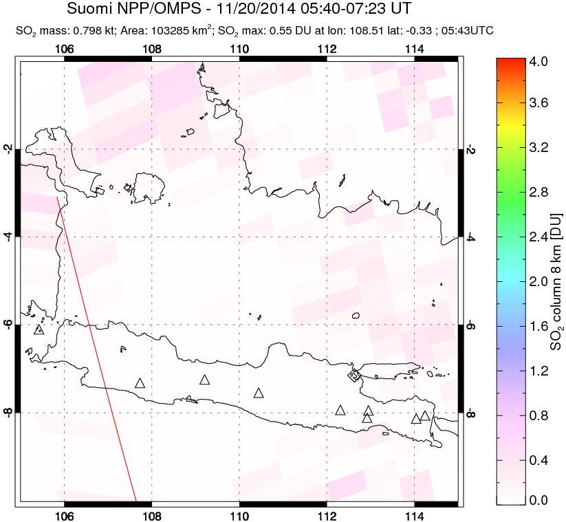 A sulfur dioxide image over Java, Indonesia on Nov 20, 2014.