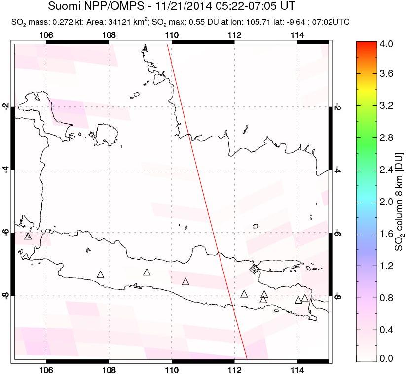 A sulfur dioxide image over Java, Indonesia on Nov 21, 2014.