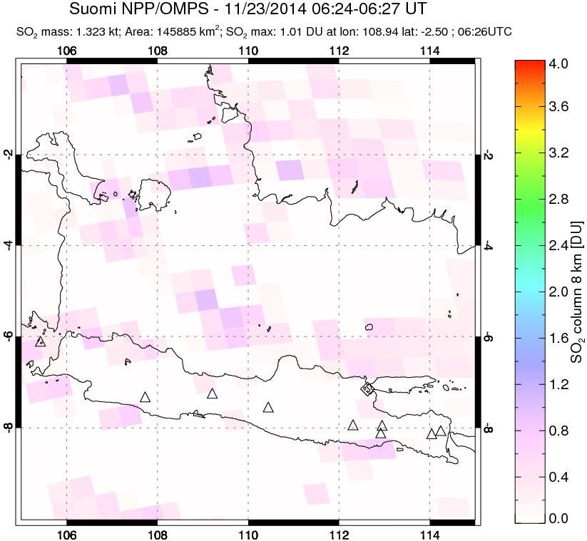 A sulfur dioxide image over Java, Indonesia on Nov 23, 2014.