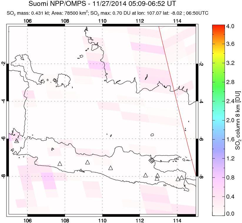 A sulfur dioxide image over Java, Indonesia on Nov 27, 2014.