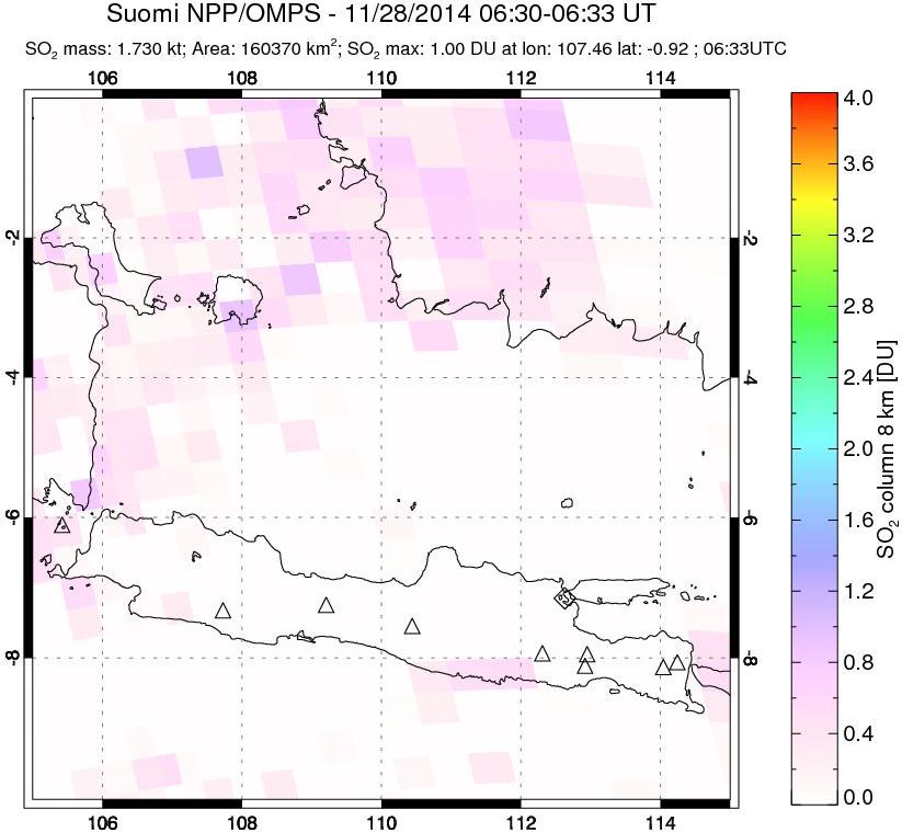 A sulfur dioxide image over Java, Indonesia on Nov 28, 2014.