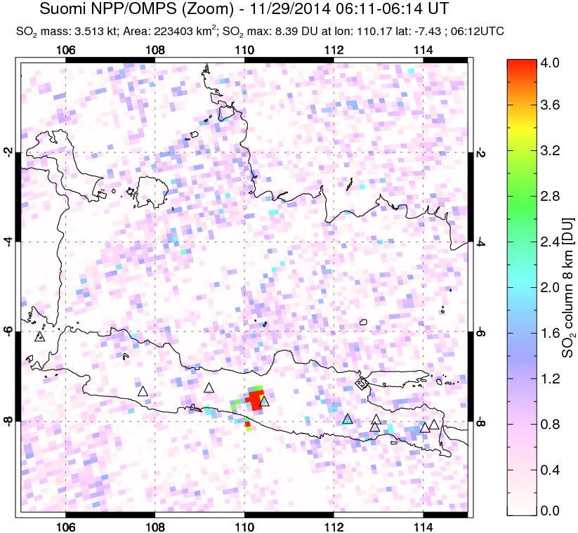 A sulfur dioxide image over Java, Indonesia on Nov 29, 2014.