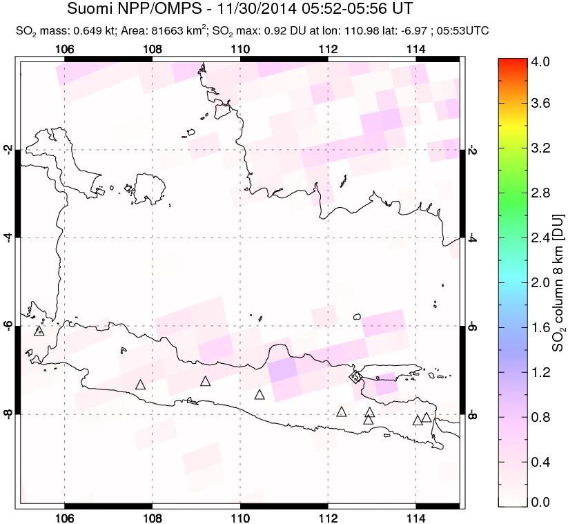 A sulfur dioxide image over Java, Indonesia on Nov 30, 2014.