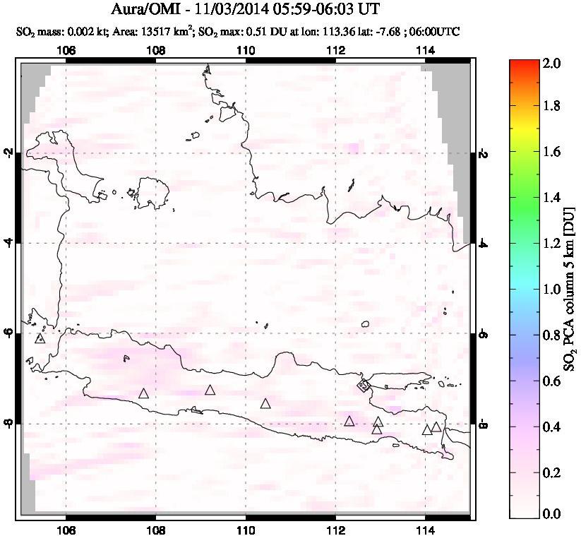 A sulfur dioxide image over Java, Indonesia on Nov 03, 2014.