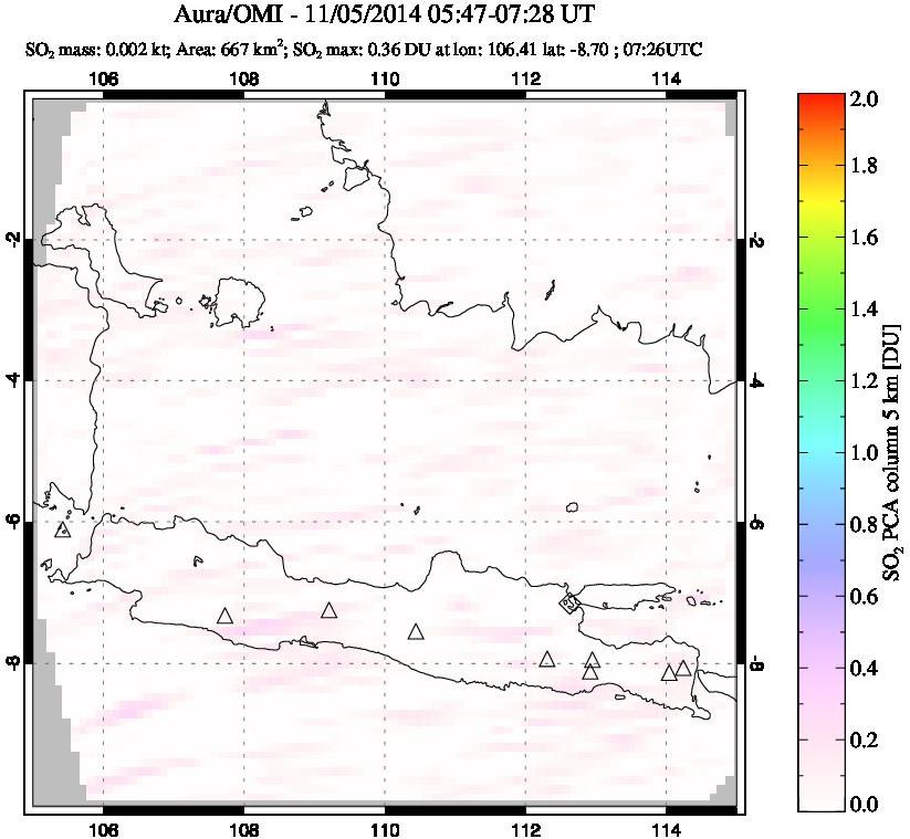 A sulfur dioxide image over Java, Indonesia on Nov 05, 2014.