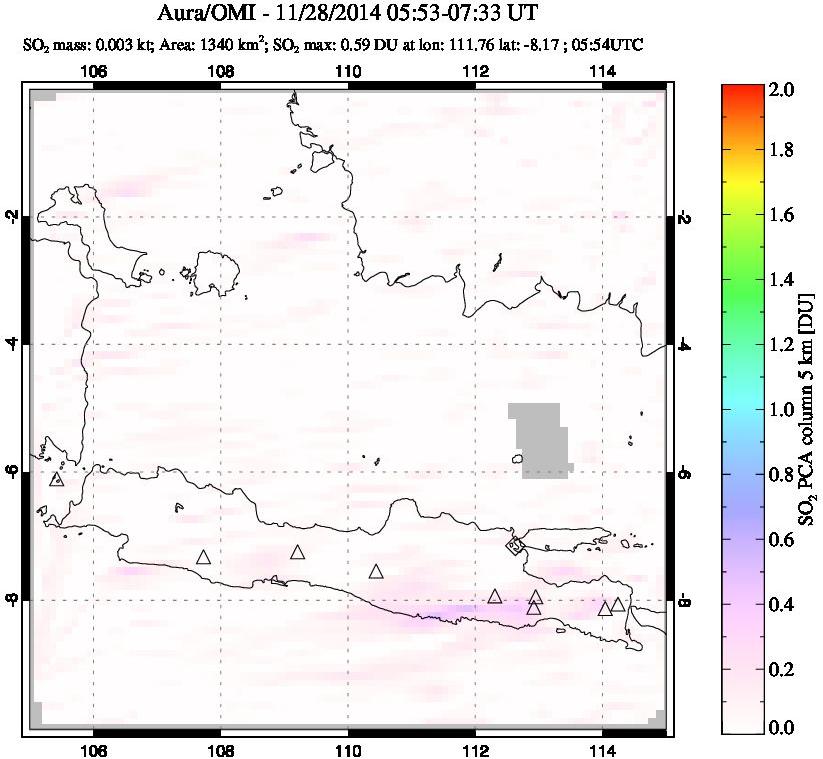 A sulfur dioxide image over Java, Indonesia on Nov 28, 2014.