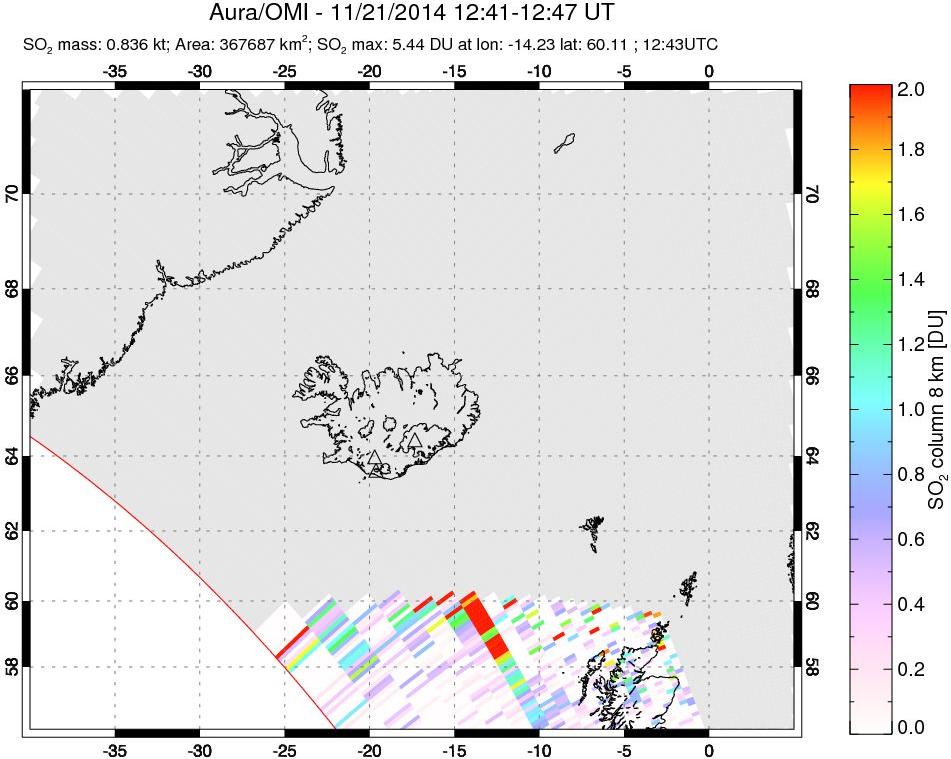 A sulfur dioxide image over Iceland on Nov 21, 2014.