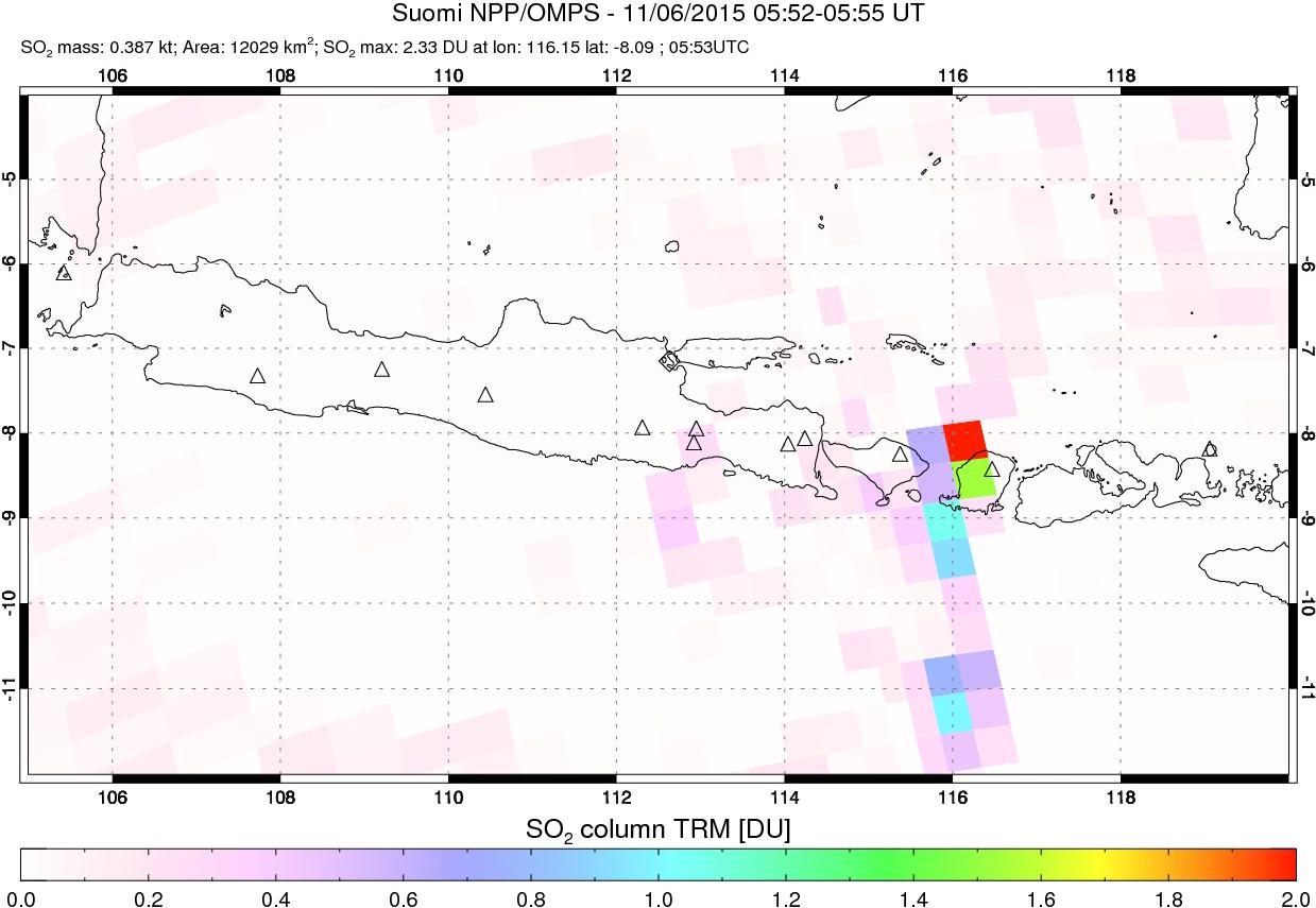 A sulfur dioxide image over Java, Indonesia on Nov 06, 2015.