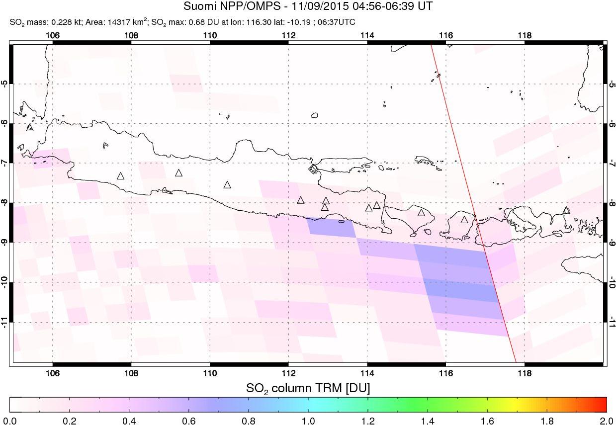 A sulfur dioxide image over Java, Indonesia on Nov 09, 2015.