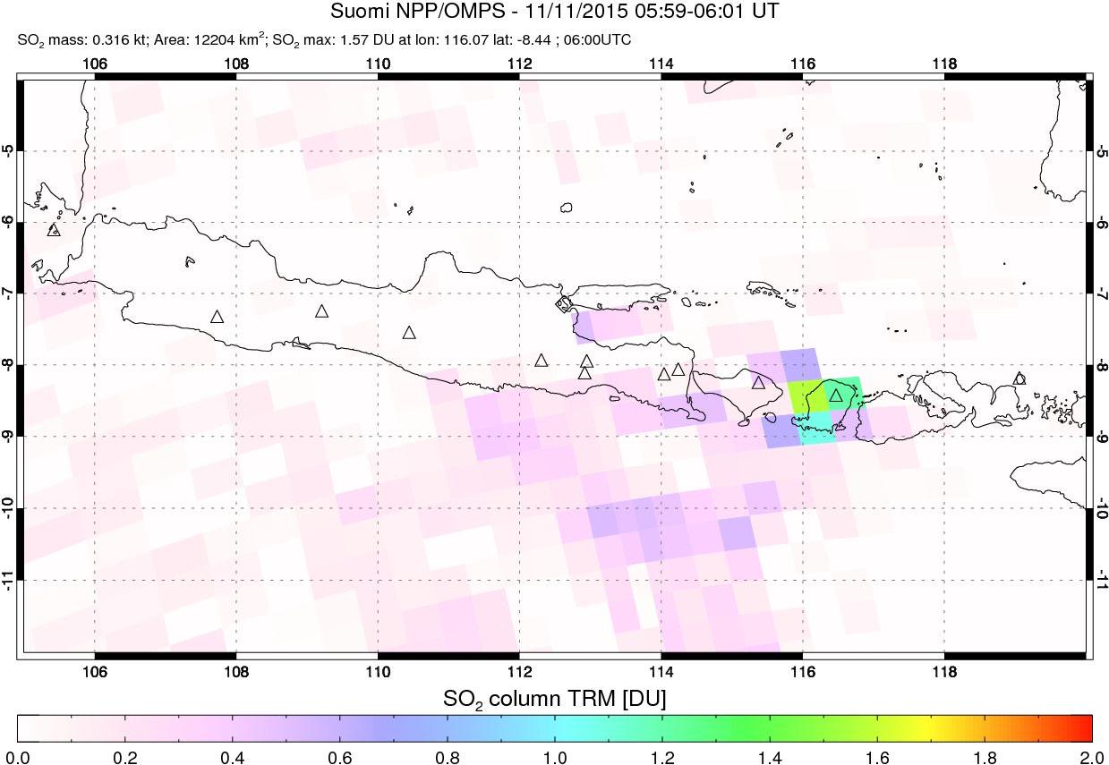 A sulfur dioxide image over Java, Indonesia on Nov 11, 2015.