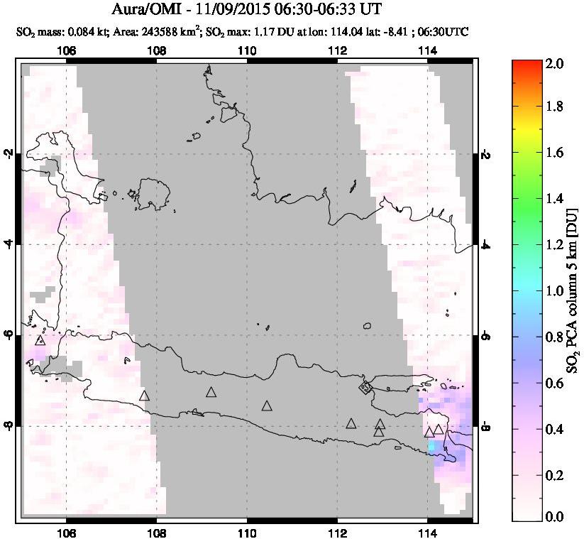 A sulfur dioxide image over Java, Indonesia on Nov 09, 2015.