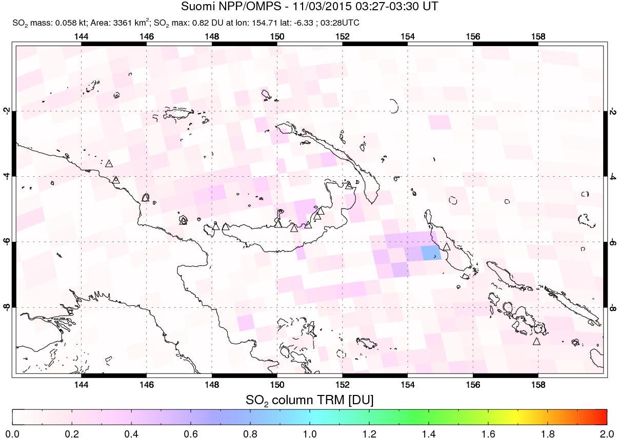 A sulfur dioxide image over Papua, New Guinea on Nov 03, 2015.