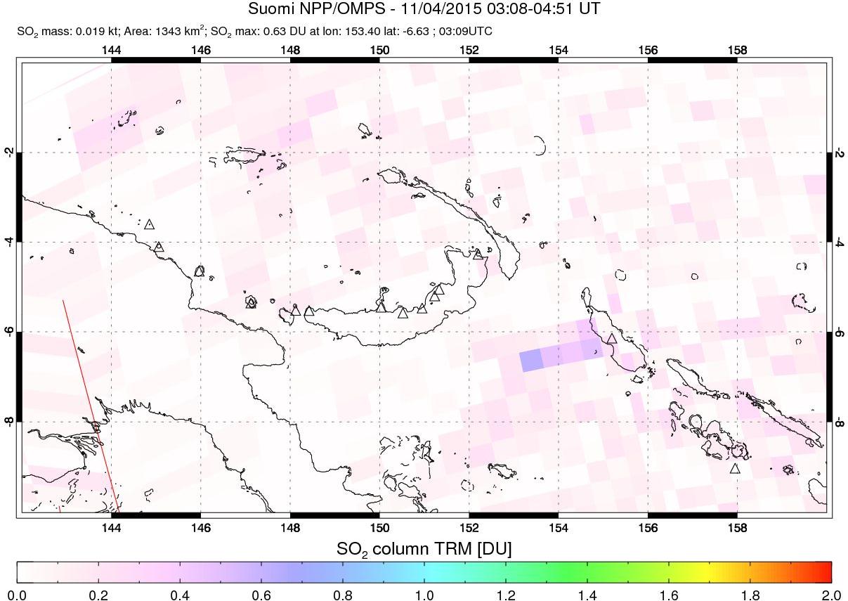 A sulfur dioxide image over Papua, New Guinea on Nov 04, 2015.