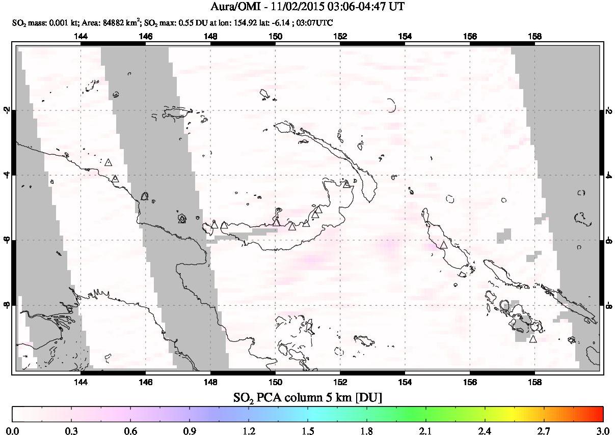 A sulfur dioxide image over Papua, New Guinea on Nov 02, 2015.