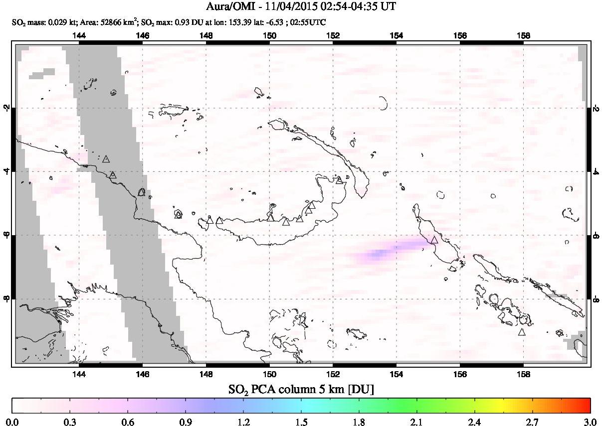 A sulfur dioxide image over Papua, New Guinea on Nov 04, 2015.