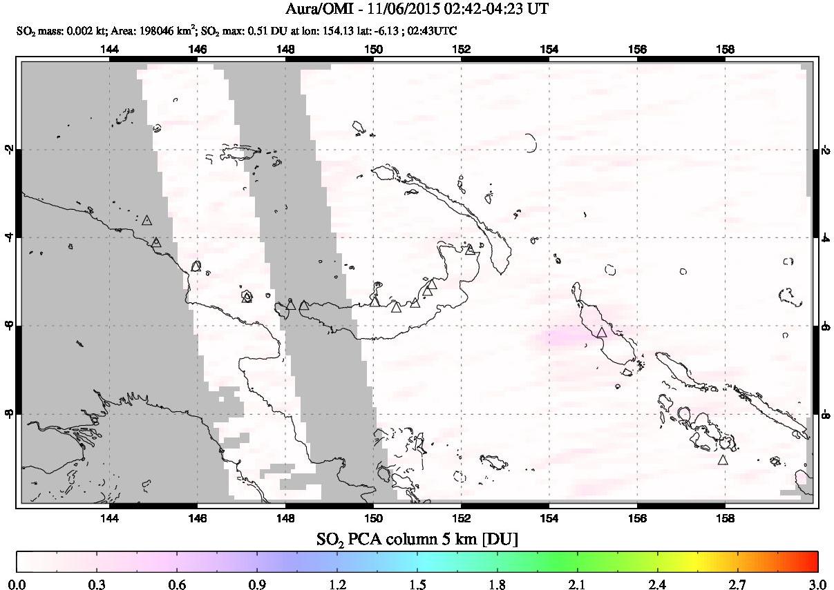 A sulfur dioxide image over Papua, New Guinea on Nov 06, 2015.