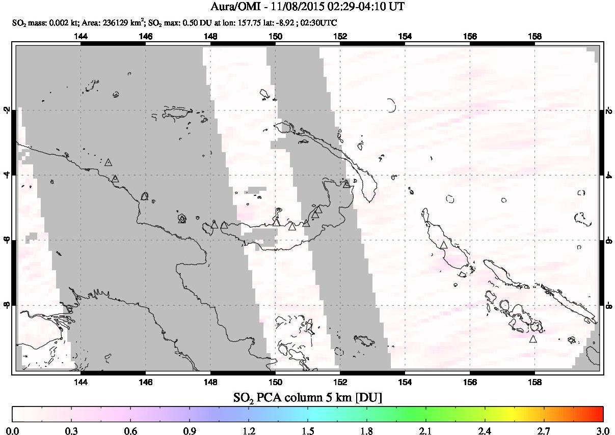 A sulfur dioxide image over Papua, New Guinea on Nov 08, 2015.