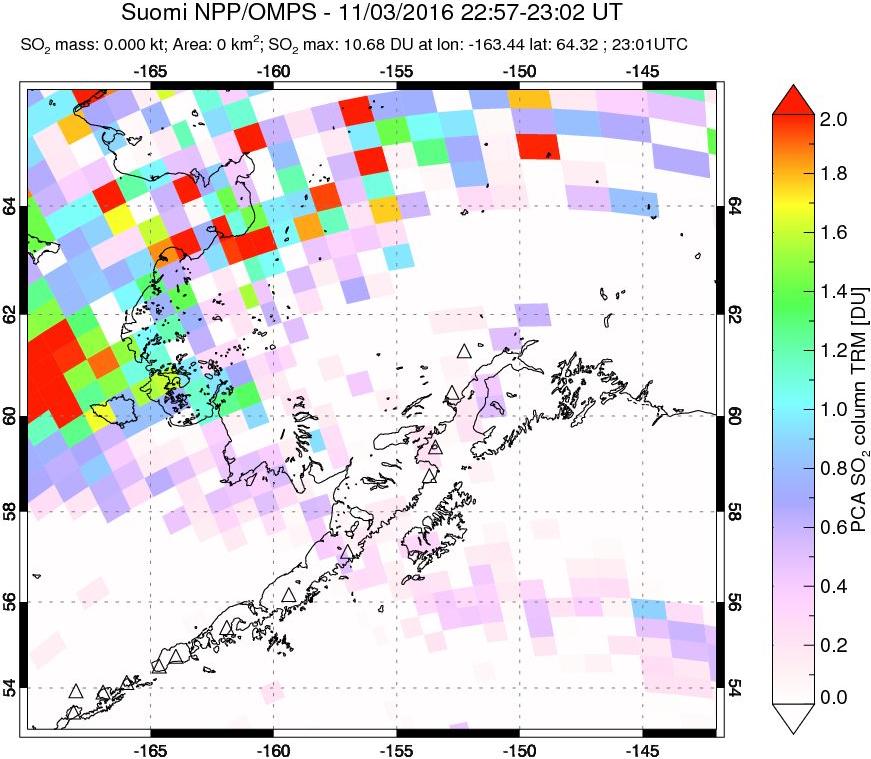 A sulfur dioxide image over Alaska, USA on Nov 03, 2016.