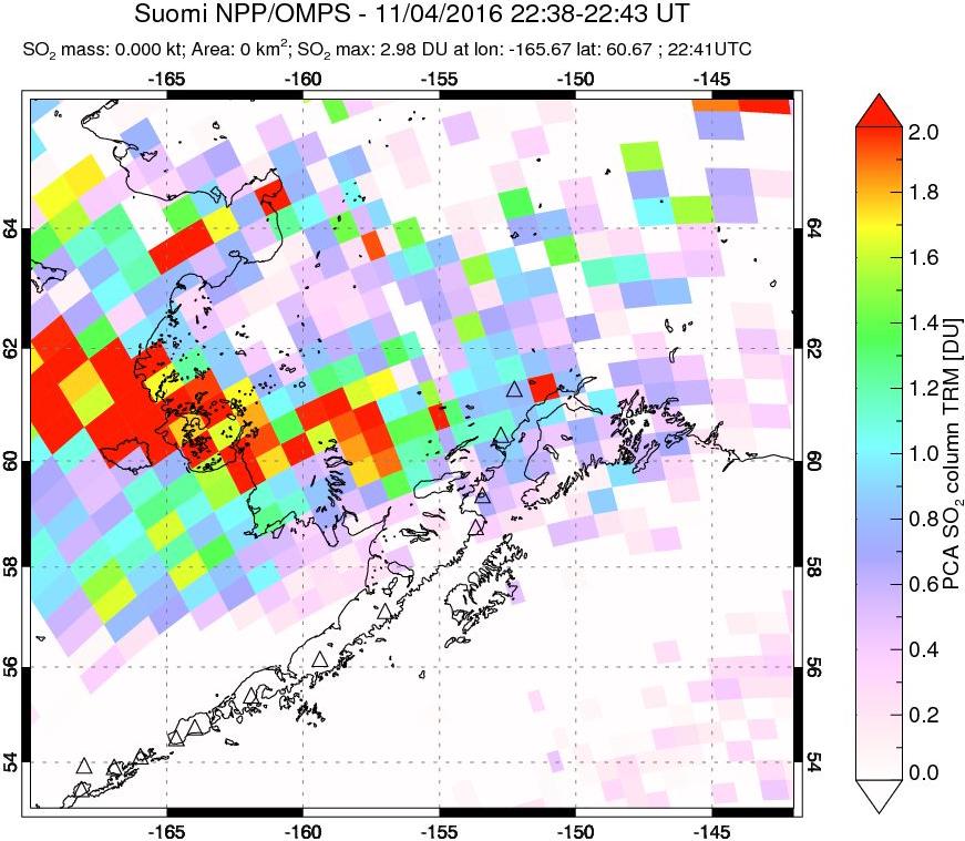 A sulfur dioxide image over Alaska, USA on Nov 04, 2016.