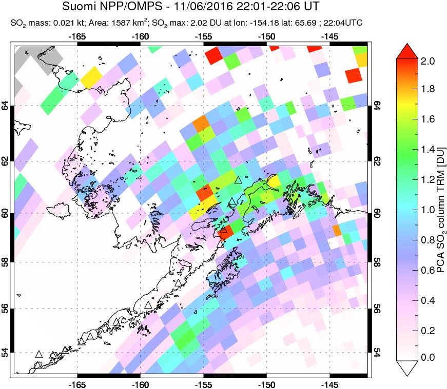 A sulfur dioxide image over Alaska, USA on Nov 06, 2016.